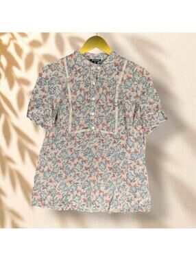Ronson Blouse Women M Medium Pink Floral 1/2 Button Short Sleeve Rayon Casual